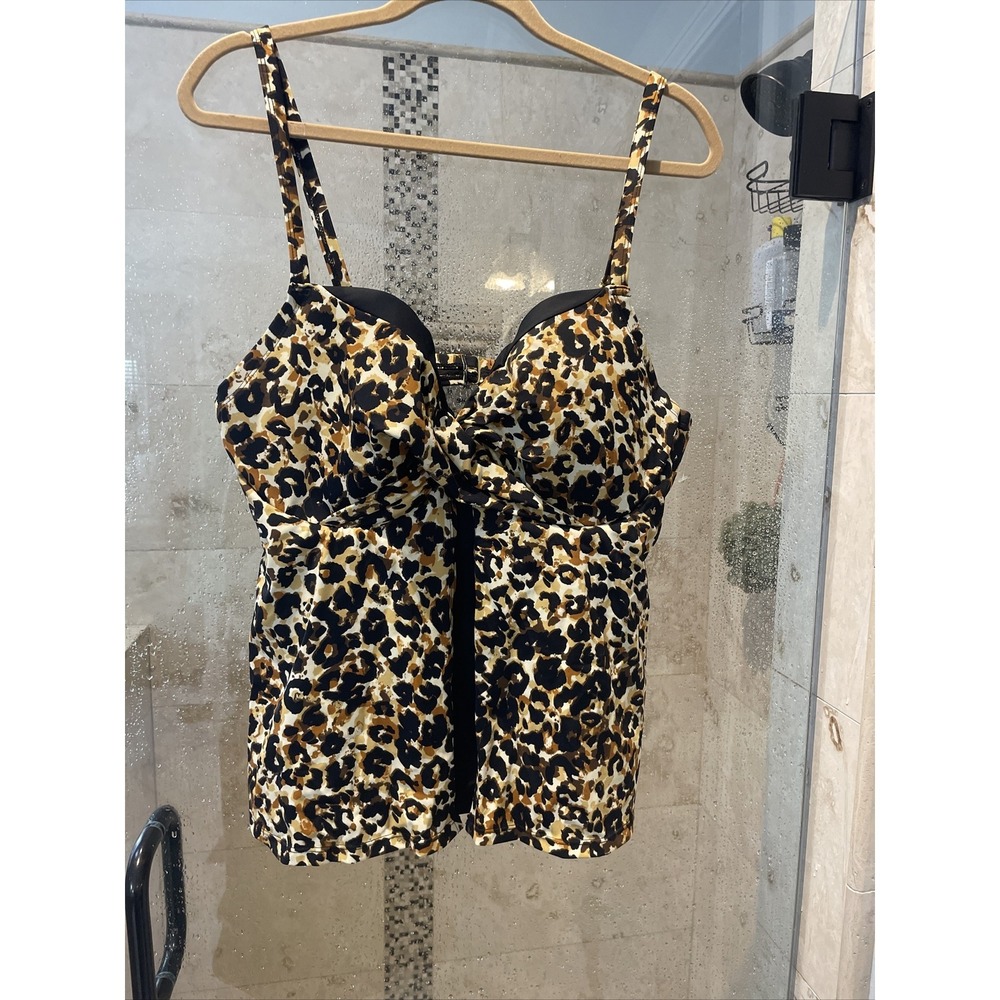 Swimsuits For All Tankini Swim Top Leopard Print Ruffle Brown Black Size 20